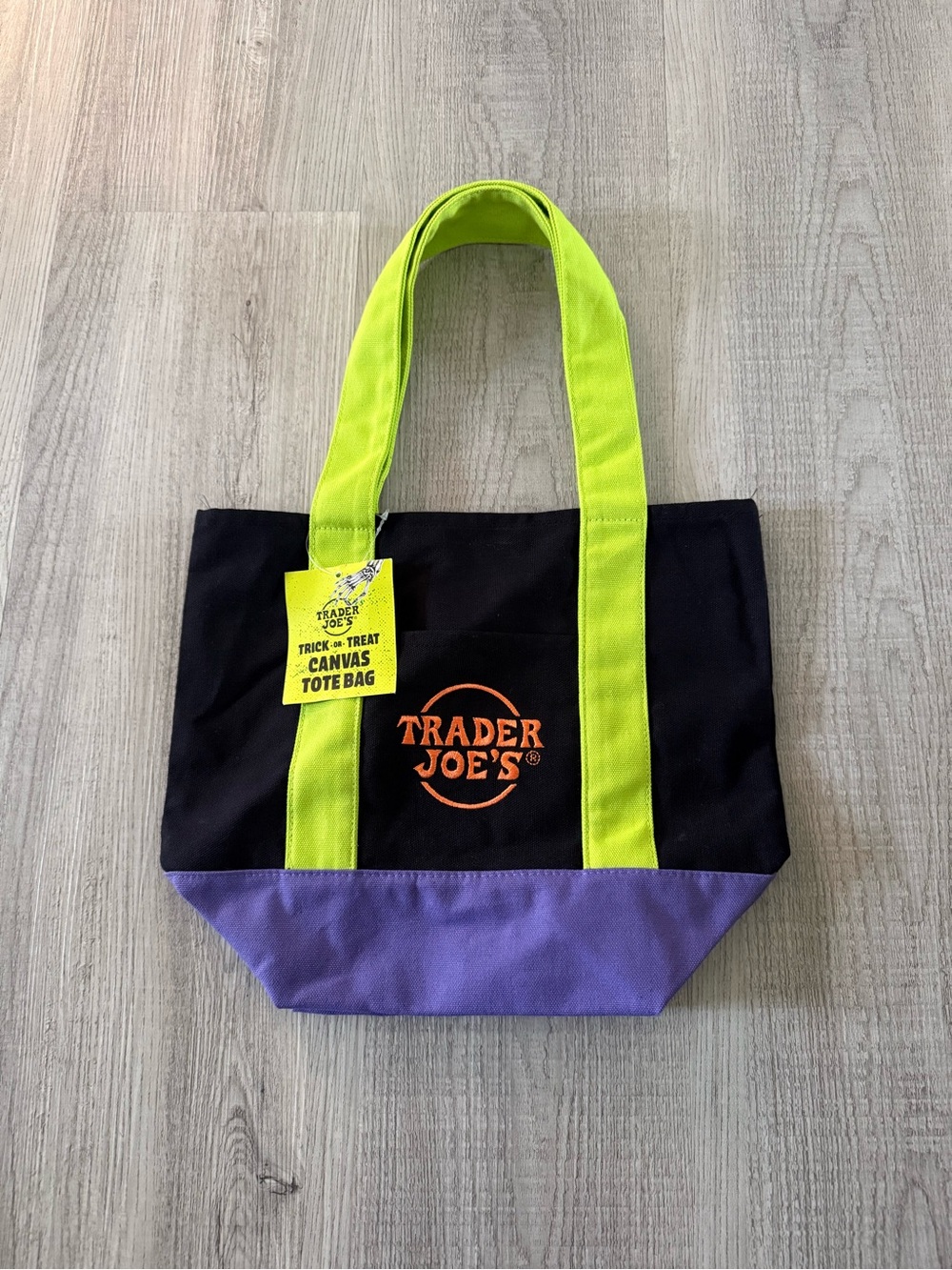 Brand New w Tags Trader Joe's Black Canvas Tote with Lime Handles and Purple - Picture 2 of 5